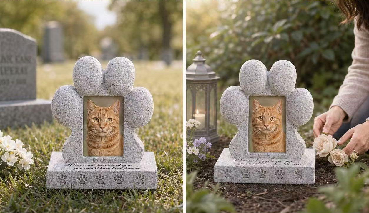pet memorial photo stone displayed indoors and outdoors