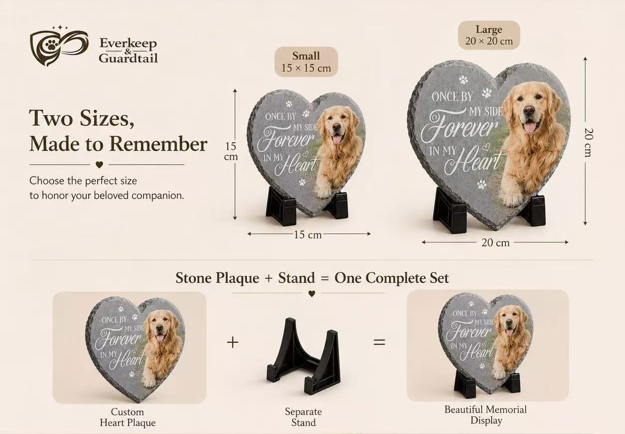 Heart-shaped pet memorial slate in 15 by 15 cm and 20 by 20 cm sizes