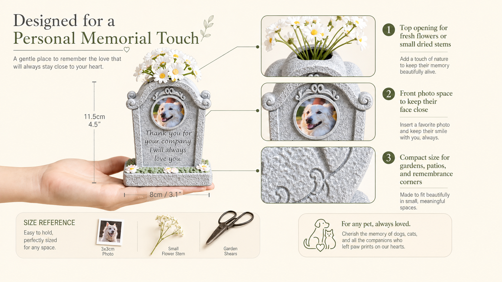Pet Memorial Stone with Flower Holder and Photo Frame - Image 4