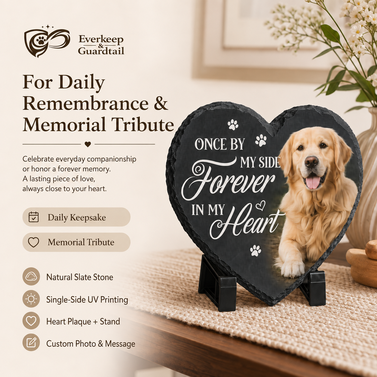 Dark heart-shaped slate with a golden retriever photo and memorial wording on a black stand