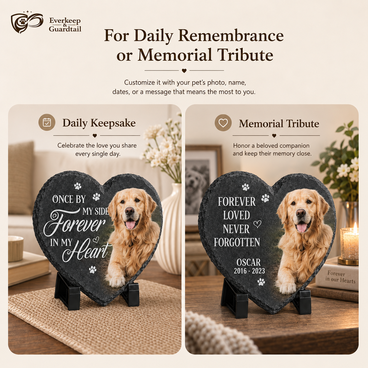 Two heart-shaped slate designs showing everyday keepsake and pet memorial wording
