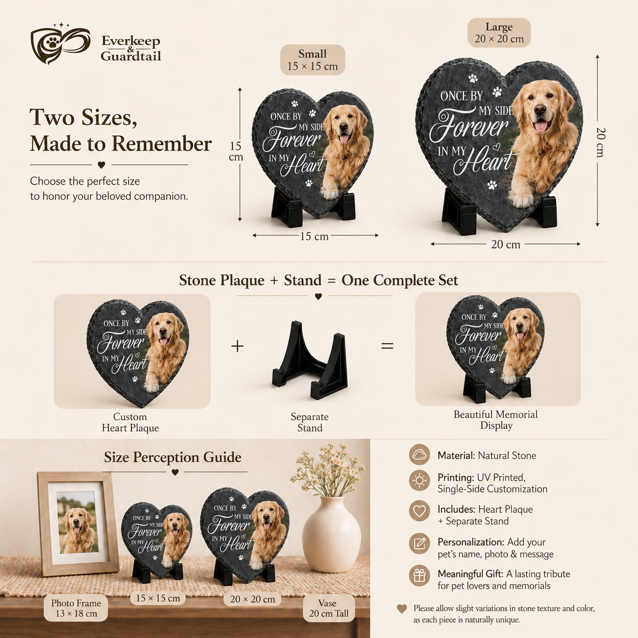 15 cm and 20 cm heart-shaped slate plaques with separate display stands and size comparisons
