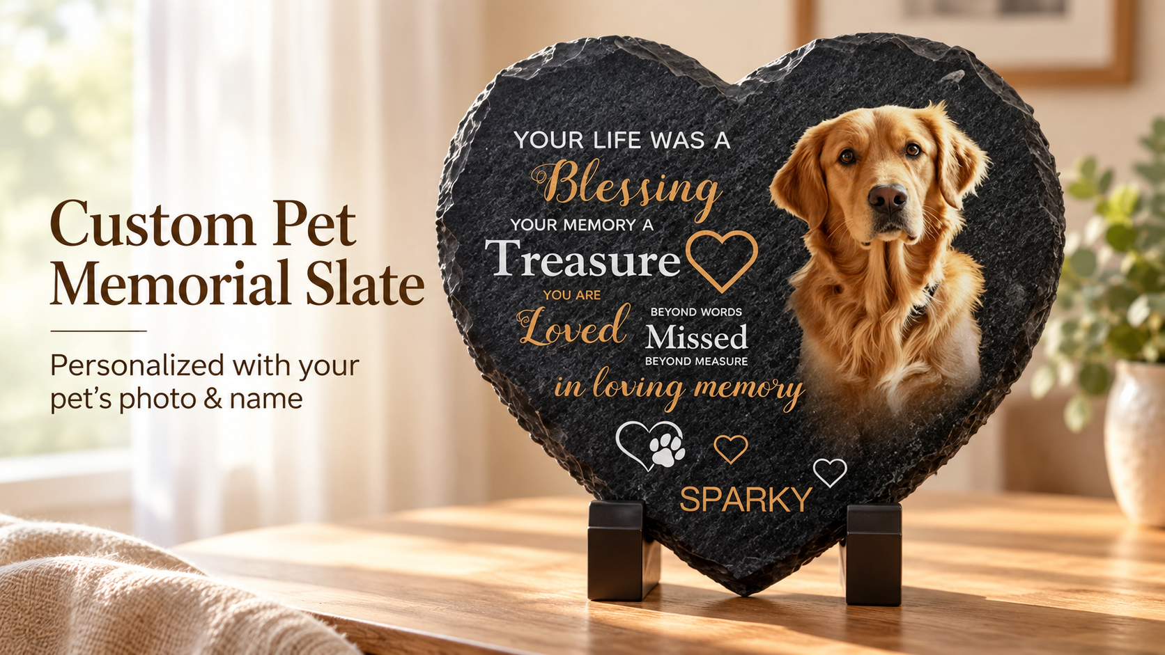 Dog photo and wording examples printed on heart-shaped slate plaques